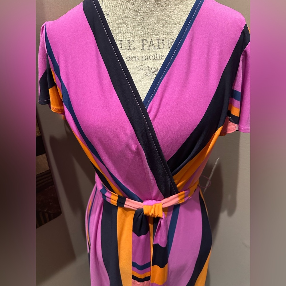 Donna Morgan Pink, Orange & Black Striped Faux-Wrap Midi Dress - Picture 4 of 10